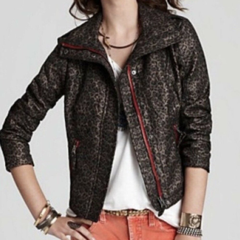 Free People We the Free Leopard Pattern Motorcycle Jacket, Size 12